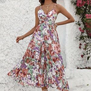 Floral V-Neck Midi Dress in White with Pink & Purple Blooms